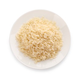 Photo of Plate with delicious rice isolated on white, top view