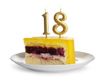 Coming of age party - 18th birthday. Delicious cake with number shaped candles on table against white background