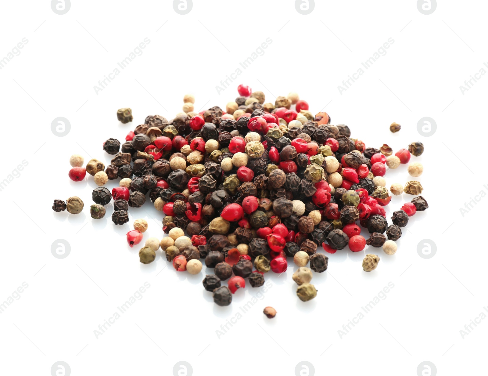 Photo of Mix of different pepper grains on white background