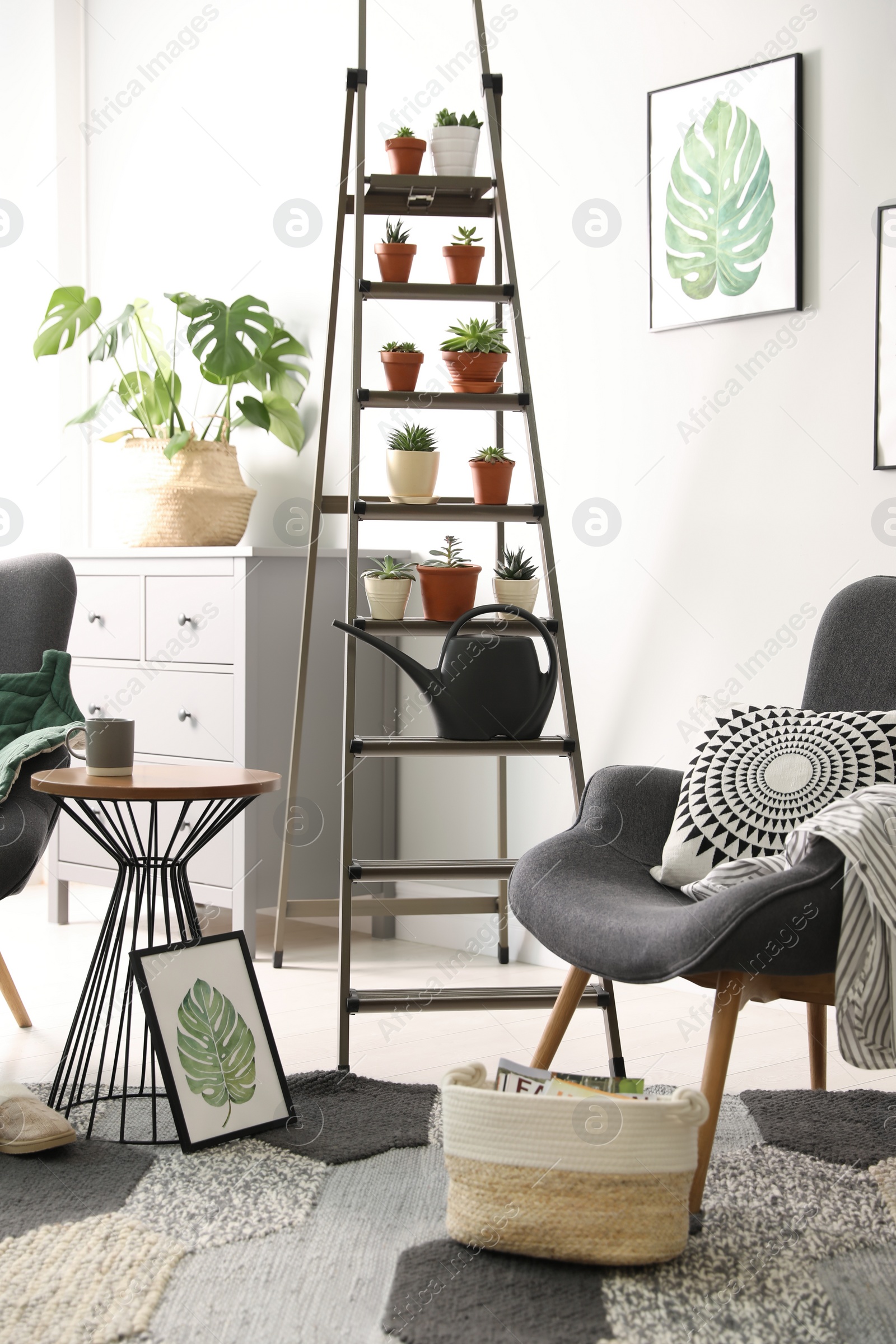 Photo of Stylish living room interior with decorative ladder