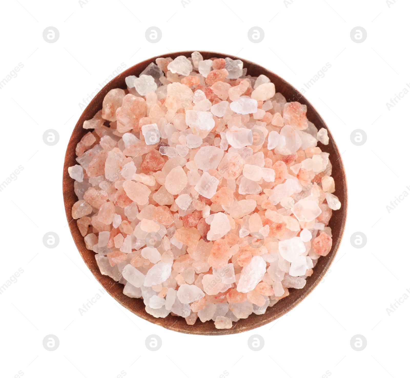 Photo of Pink Himalayan salt in wooden bowl isolated on white, top view