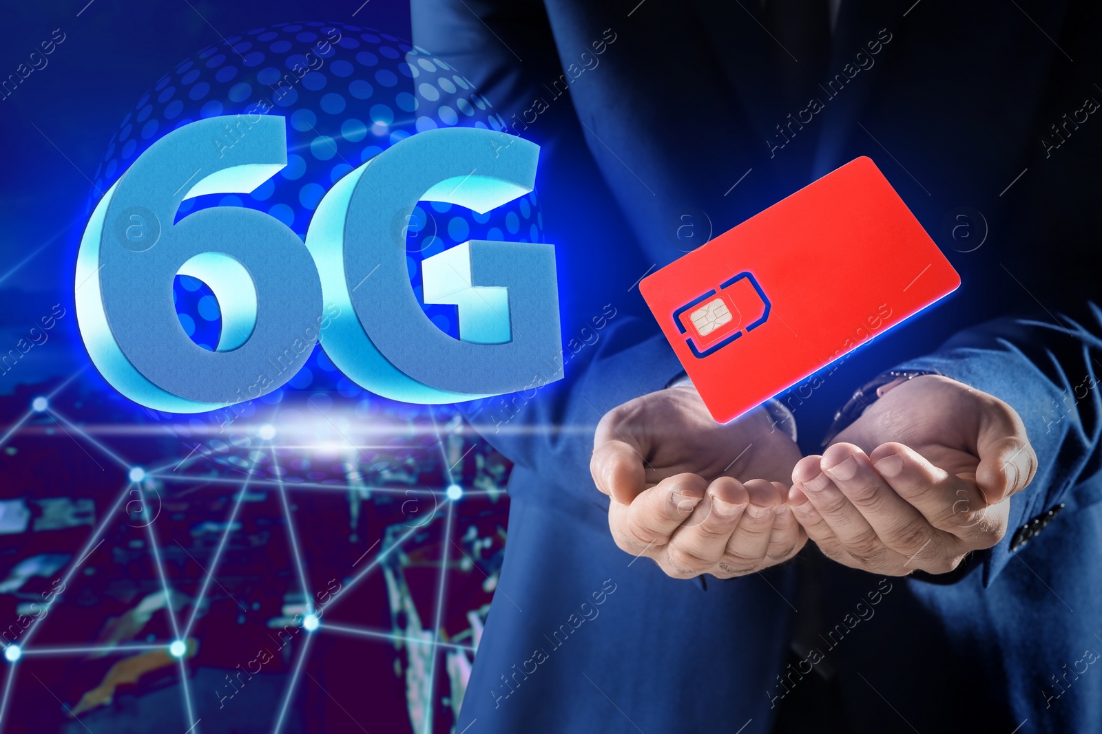 Image of Man demonstrating 6G SIM card model and cityscape with connection lines on background, closeup 