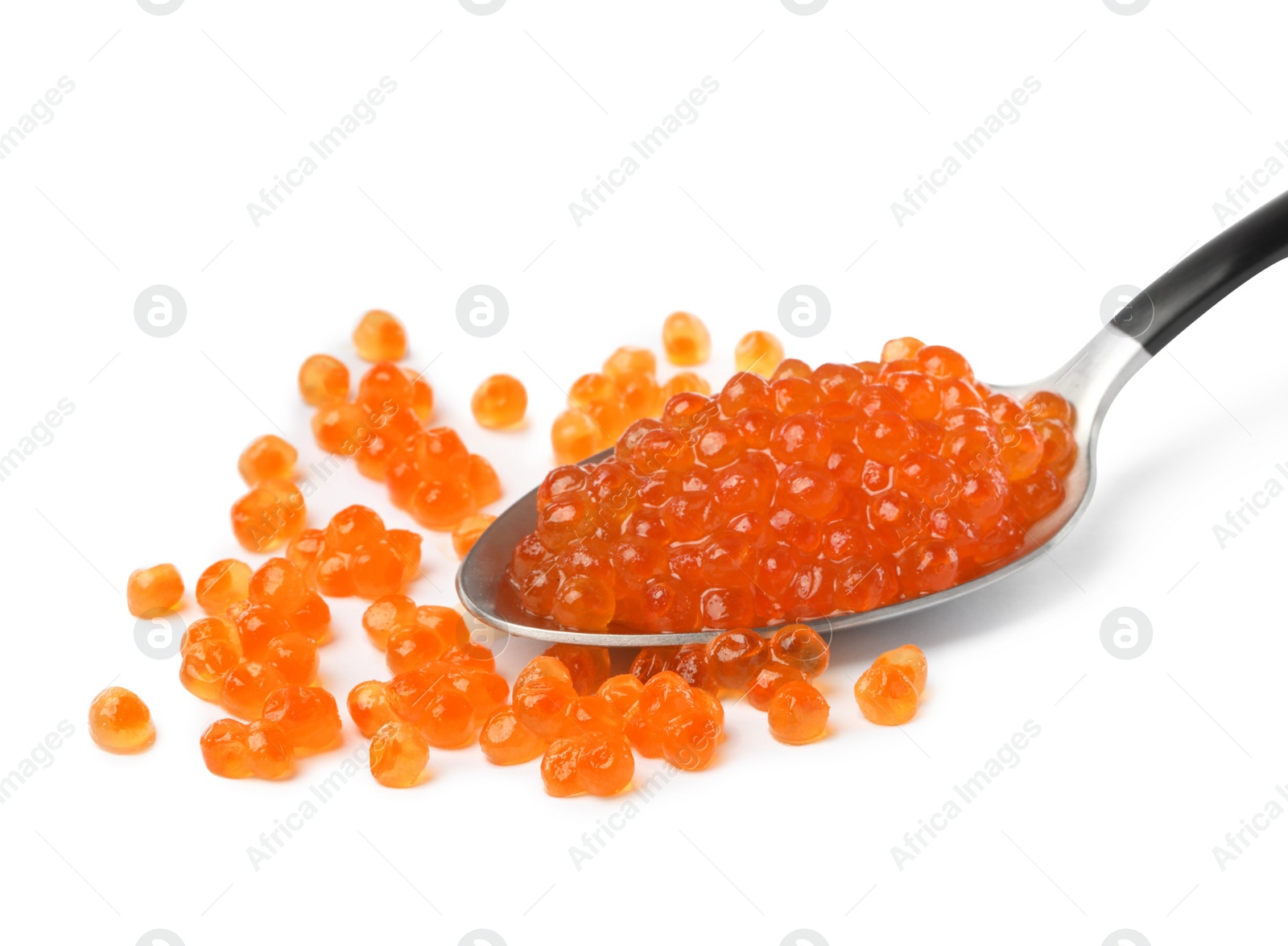 Photo of Spoon and delicious red caviar isolated on white