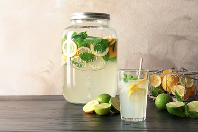 Glassware with natural lemonade on table