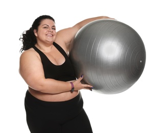 Photo of Overweight woman with fit ball on white background