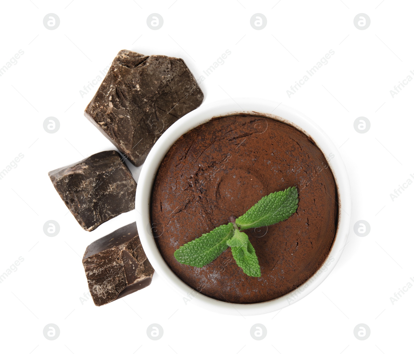 Photo of Delicious fresh fondant with mint and chocolate chunks on white background, top view