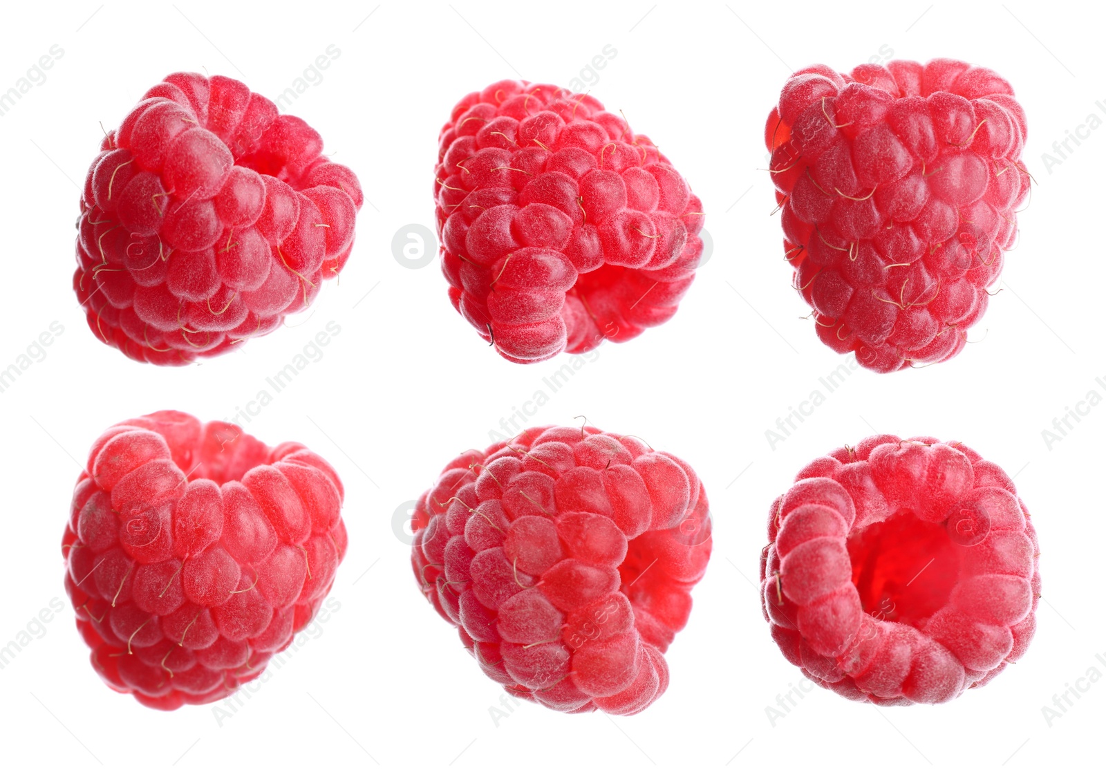 Image of Set of fresh ripe raspberries on white background