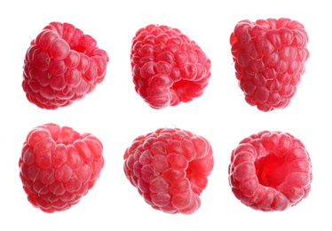 Set of fresh ripe raspberries on white background