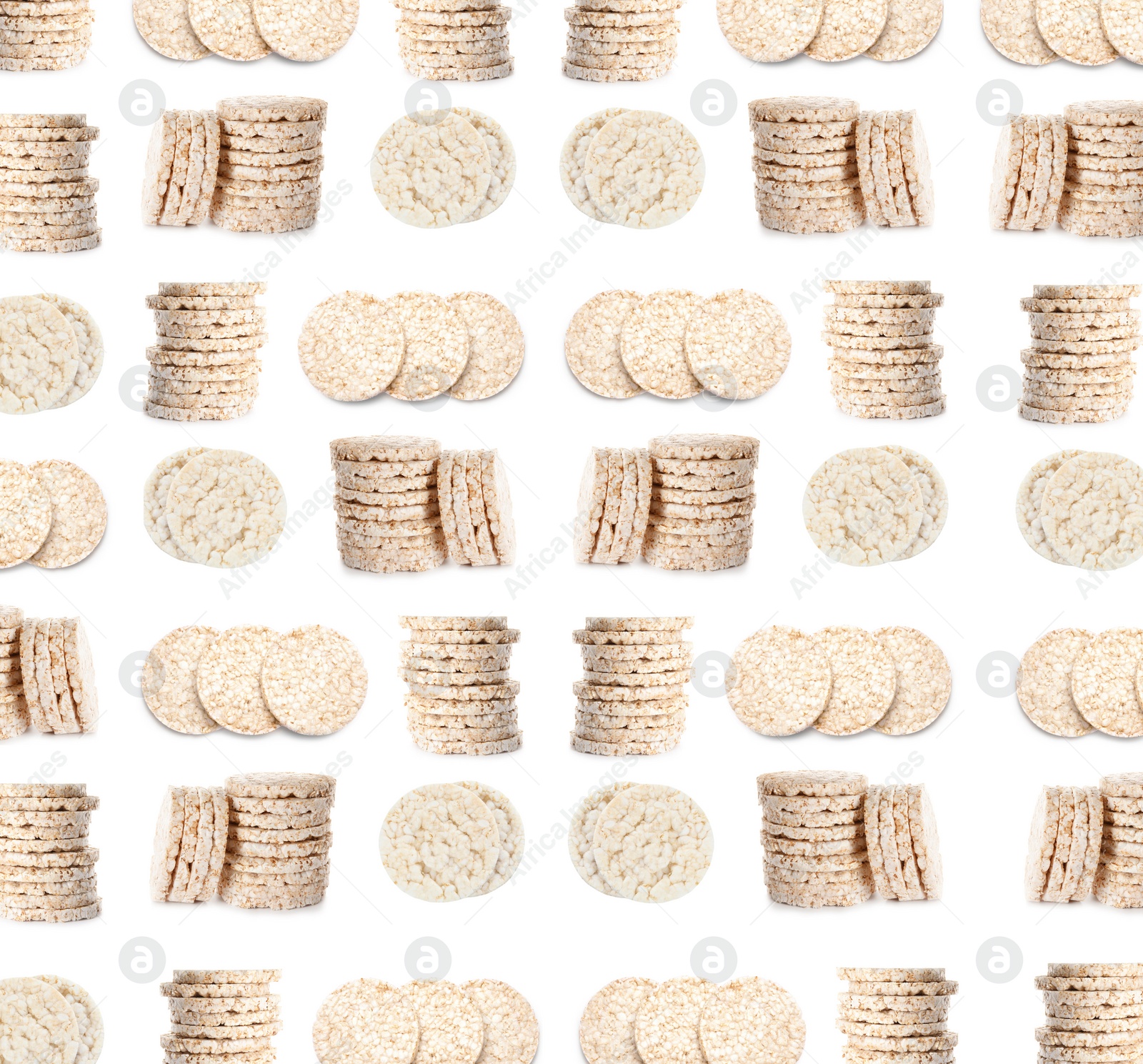 Image of Set of puffed corn cakes on white background. Pattern design