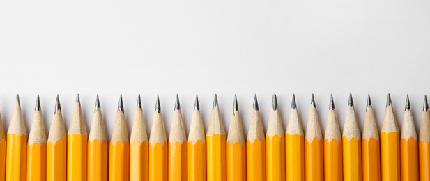 Image of Sharp pencils on white background, top view with space for text. Banner design