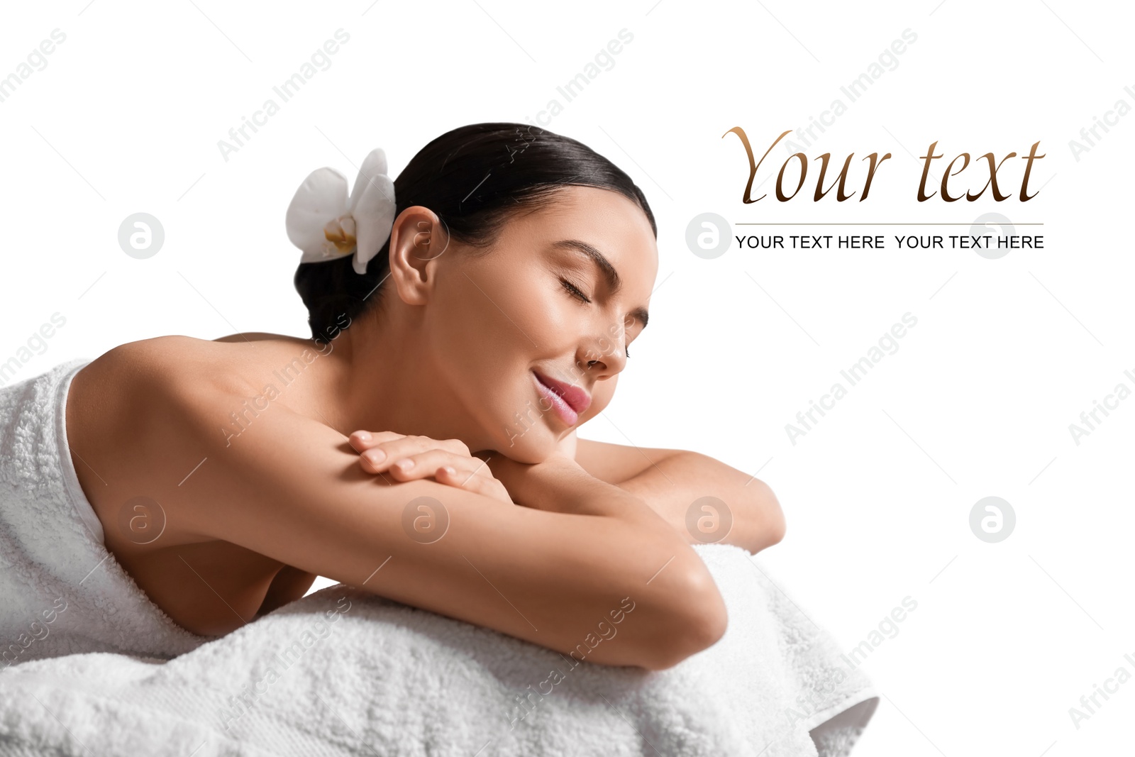 Image of Beautiful happy woman relaxing on massage table. Spa salon advertising, space for design