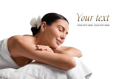 Image of Beautiful happy woman relaxing on massage table. Spa salon advertising, space for design