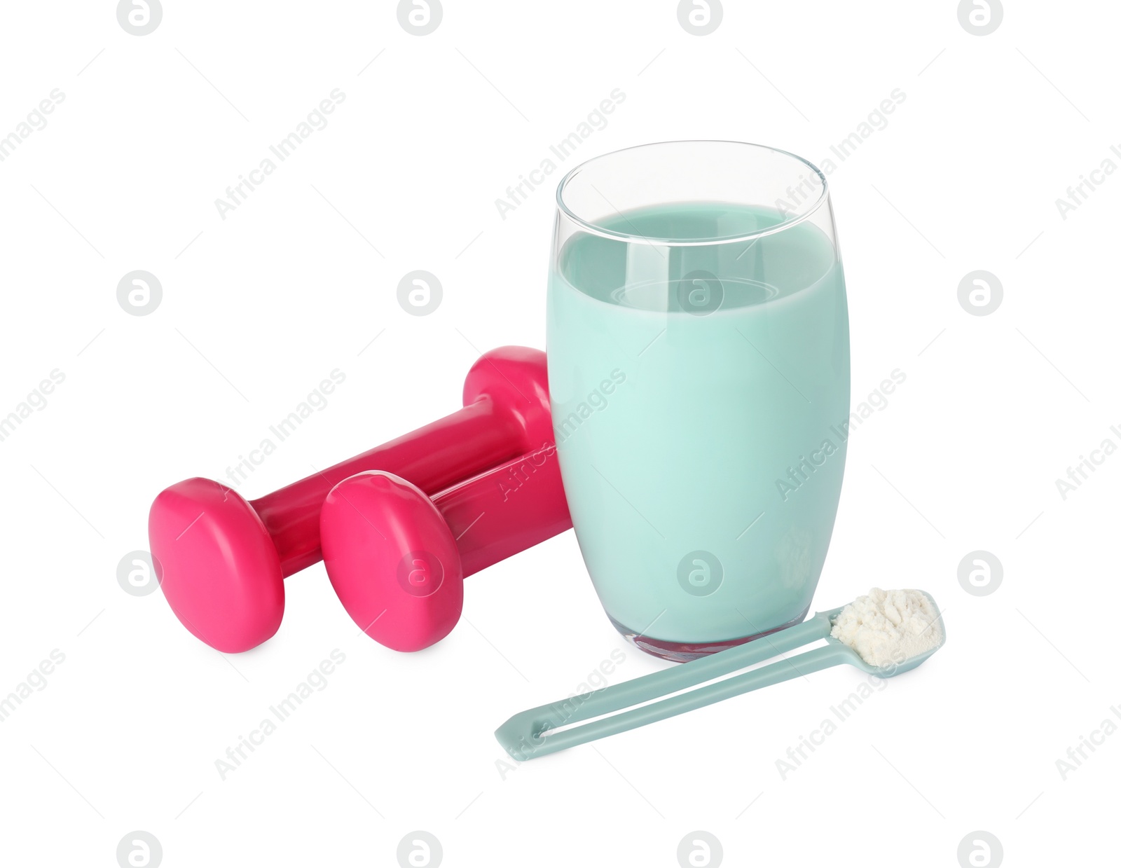 Photo of Tasty shake, dumbbells and powder isolated on white. Weight loss