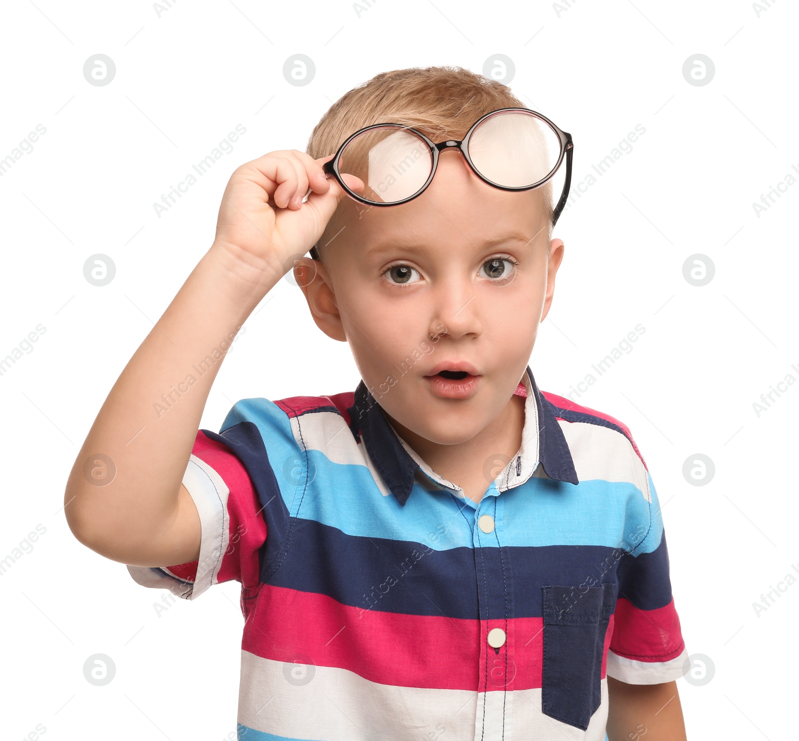 Photo of Portrait of cute little boy with glasses on white background