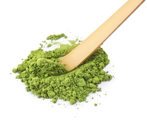 Powdered matcha tea and bamboo chashaku on white background