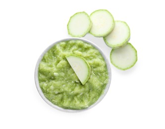 Photo of Delicious vegetable puree and zucchini slices on white background, top view. Healthy food