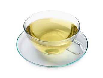 Photo of Refreshing green tea in cup isolated on white