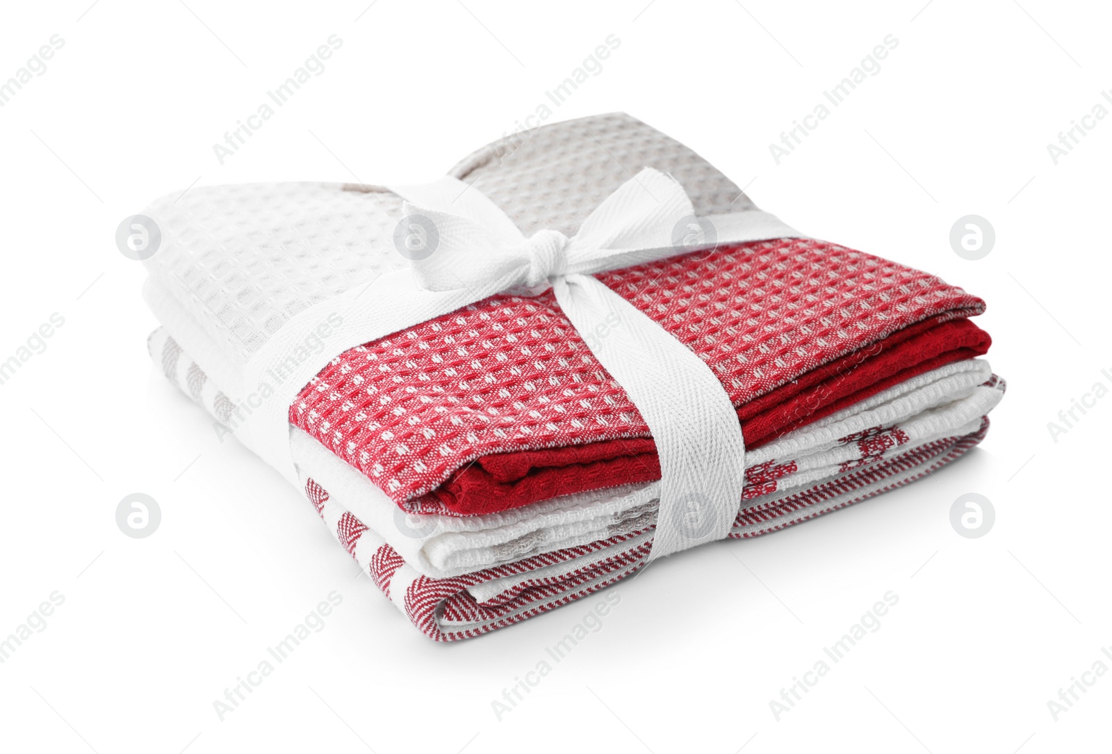 Photo of Stack of clean kitchen towels isolated on white