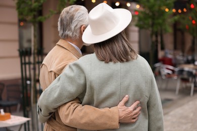 Affectionate senior couple walking outdoors, back view