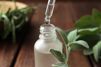 Dripping herbal essential oil from pipette into bottle on wooden table, closeup