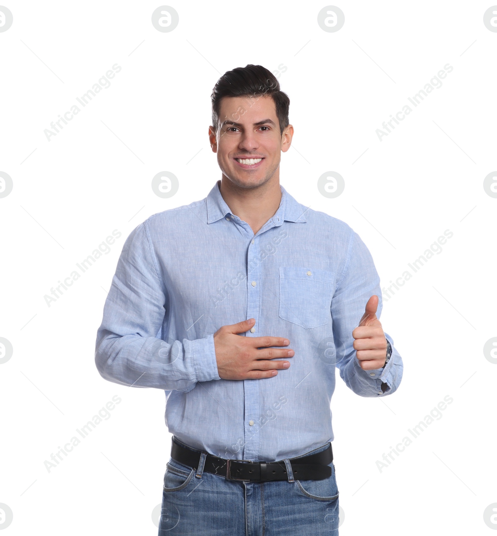 Photo of Happy healthy man touching his belly on white background