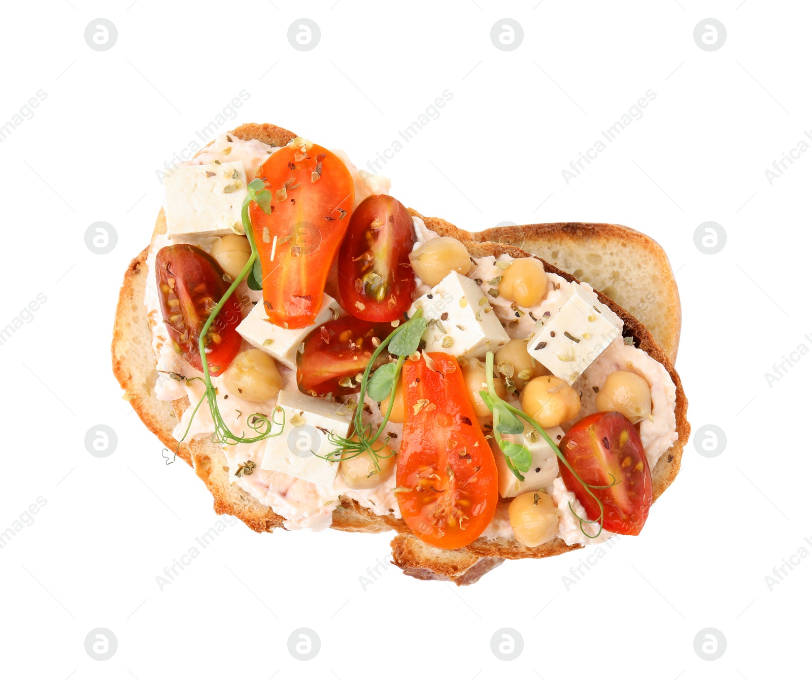 Photo of Tasty vegan sandwich with tomatoes, tofu and chickpeas isolated on white, top view