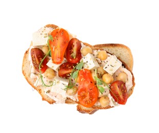 Photo of Tasty vegan sandwich with tomatoes, tofu and chickpeas isolated on white, top view