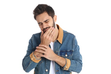 Photo of Man suffering from toothache on white background