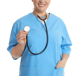 Mature doctor with stethoscope on white background, closeup