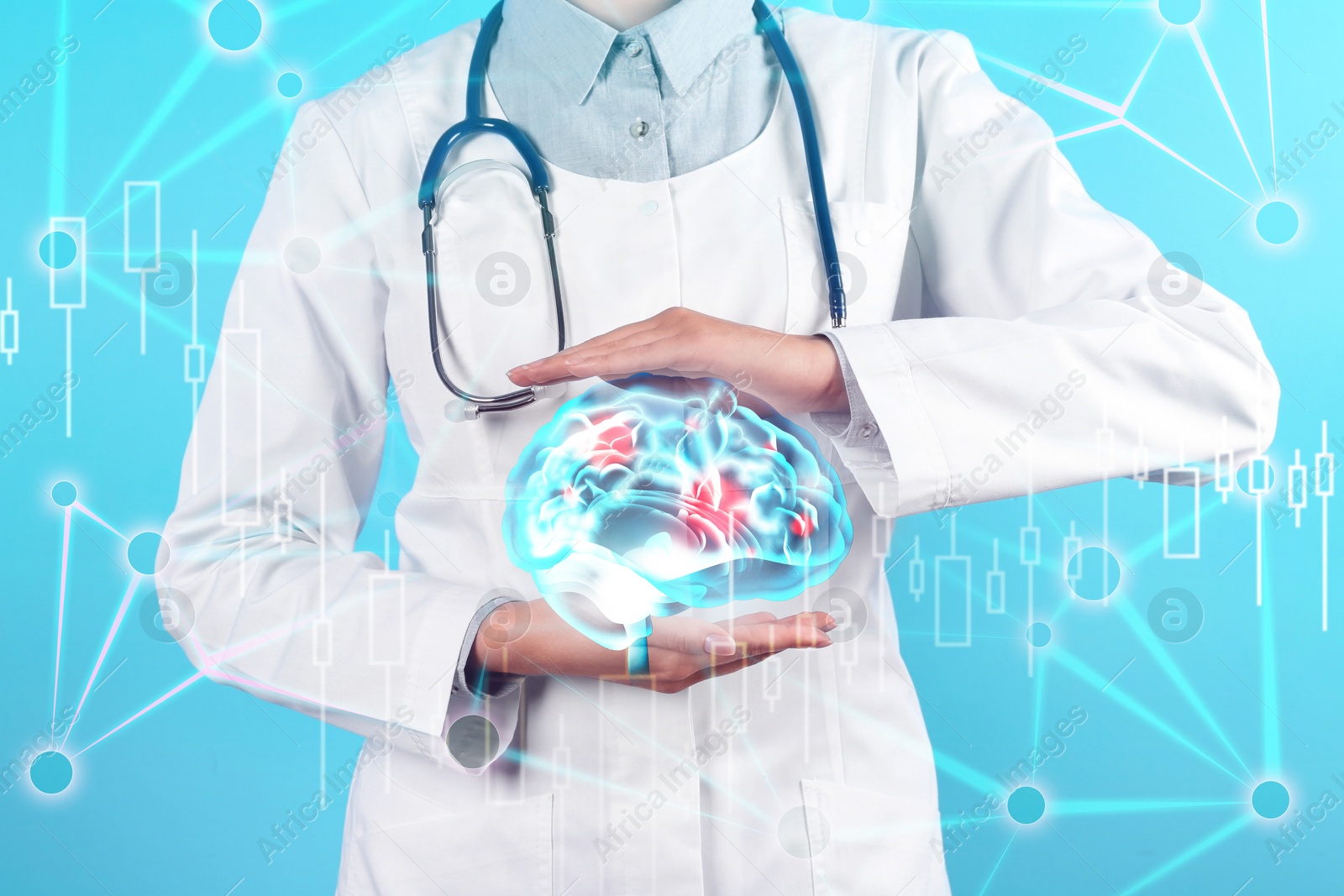 Image of Doctor demonstrating digital image of human brain on blue background, closeup. Machine learning concept