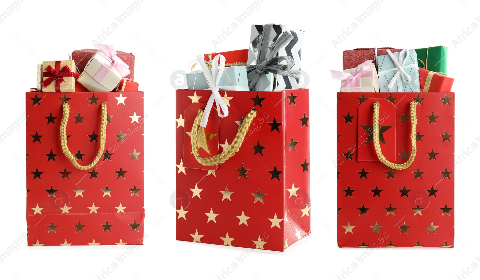 Image of Set of bright paper shopping bags with  on white background