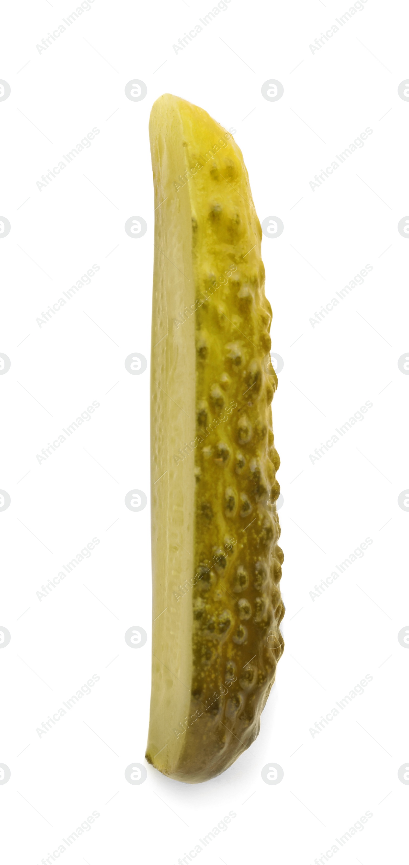 Photo of Piece of tasty pickled cucumber on white background, top view