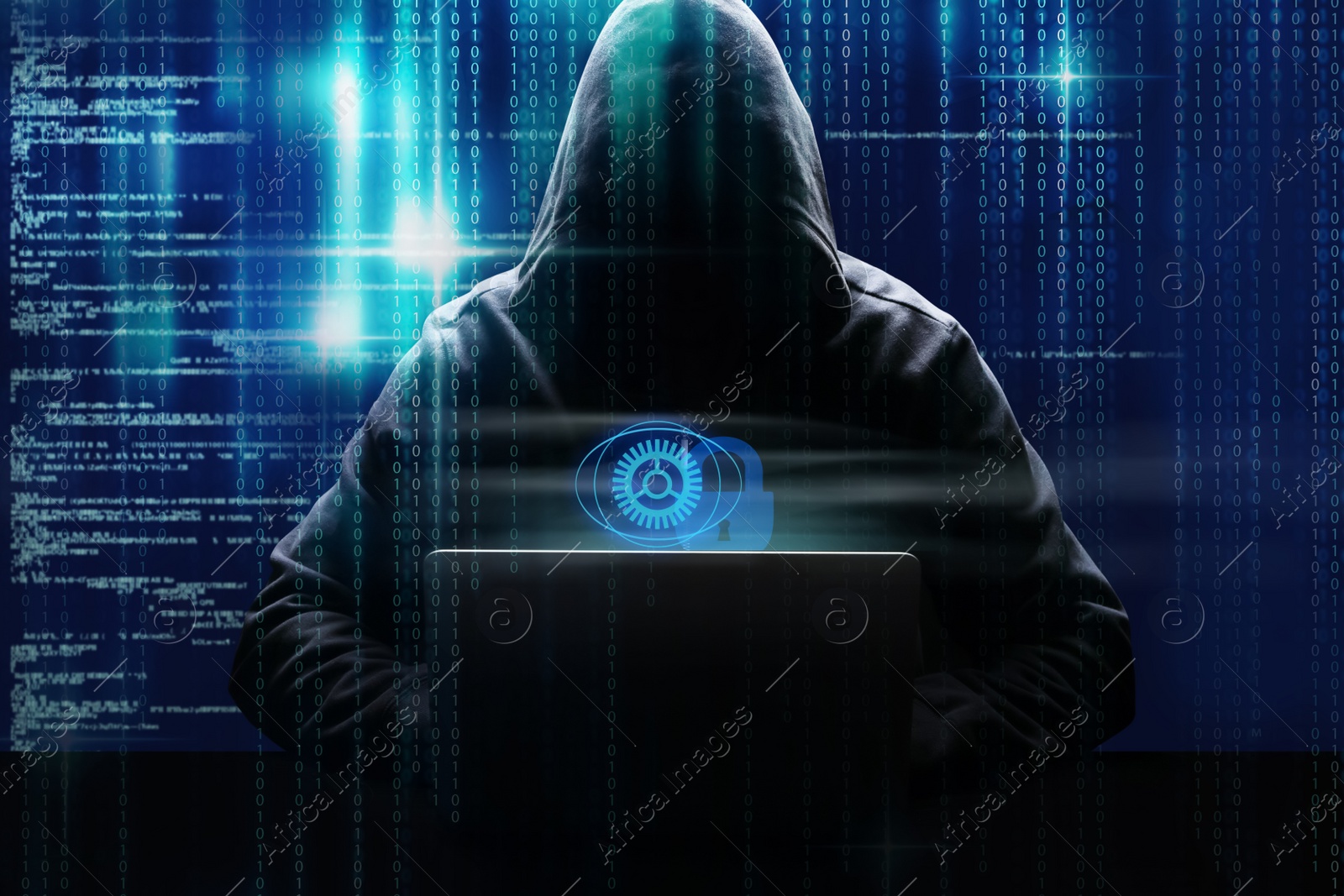 Image of Man with laptop and digital code on dark background. Cyber attack concept