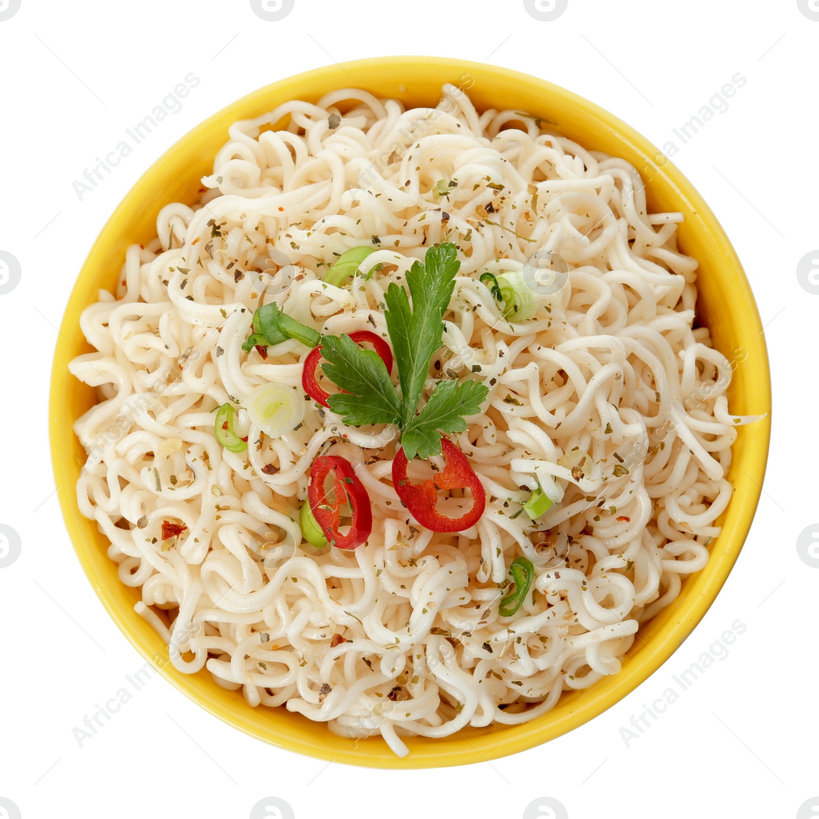 Photo of Tasty instant noodles with chili pepper in bowl isolated on white, top view