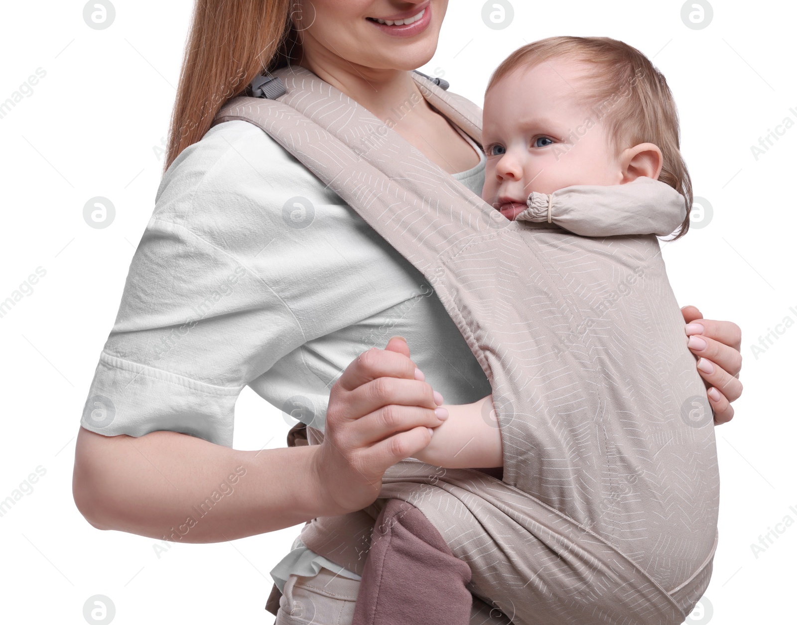 Photo of Mother holding her child in sling (baby carrier) on white background, closeup