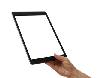 Photo of Woman holding tablet computer with blank screen on white background, closeup. Modern gadget