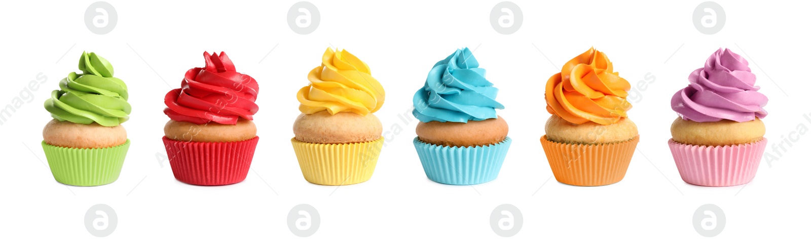 Image of Set of delicious birthday cupcakes on white background. Banner design