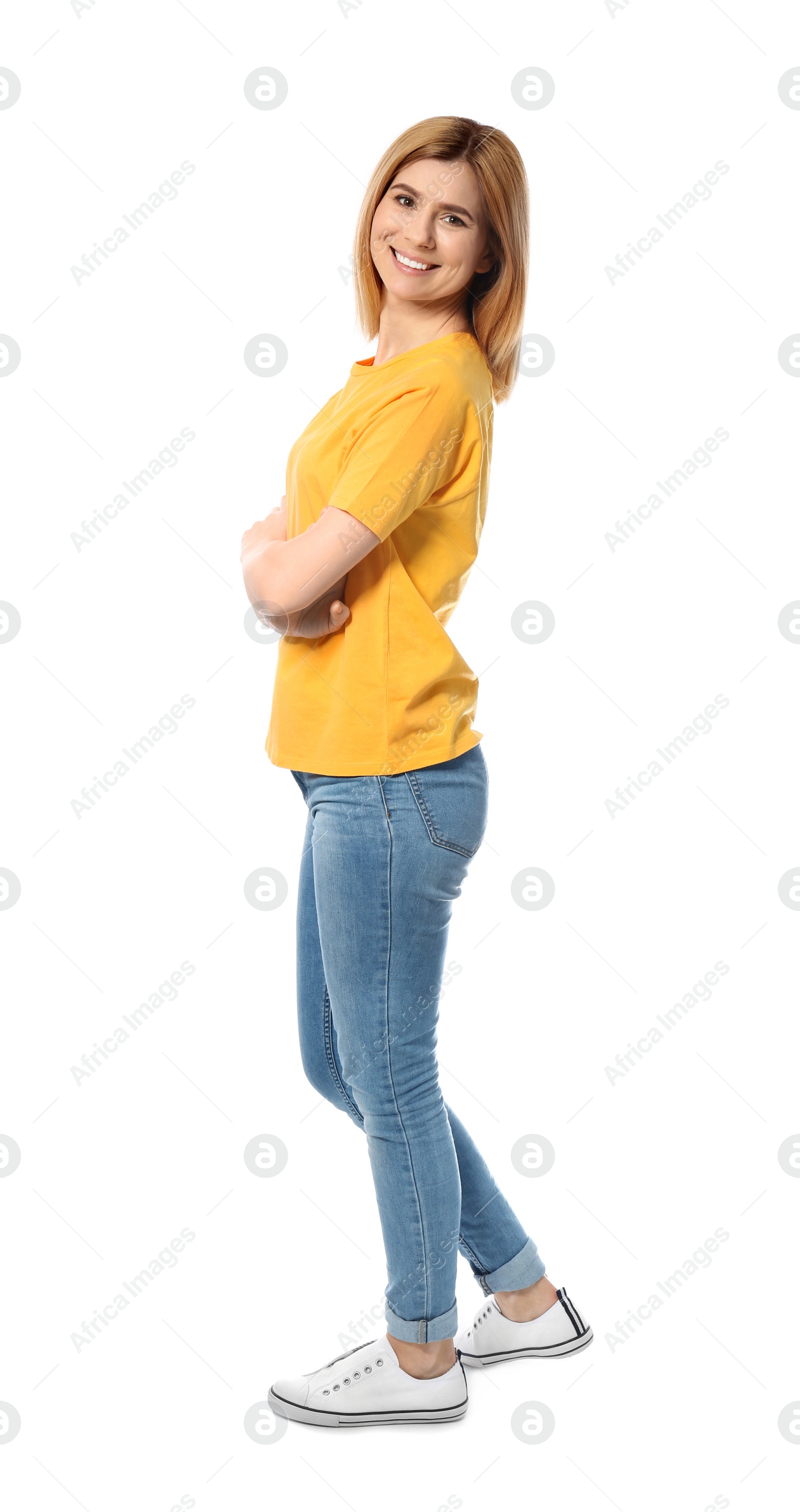 Photo of Full length portrait of beautiful woman posing on white background