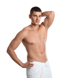 Photo of Young man with slim body on white background