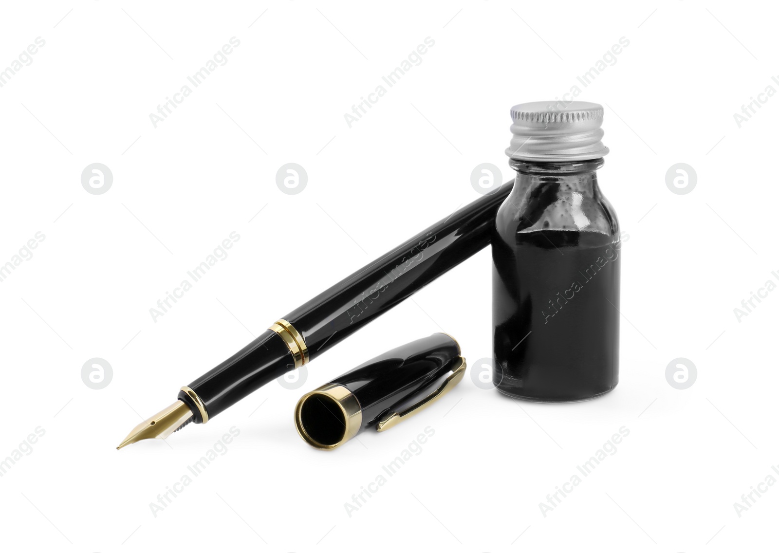 Photo of Stylish black fountain pen and inkwell isolated on white