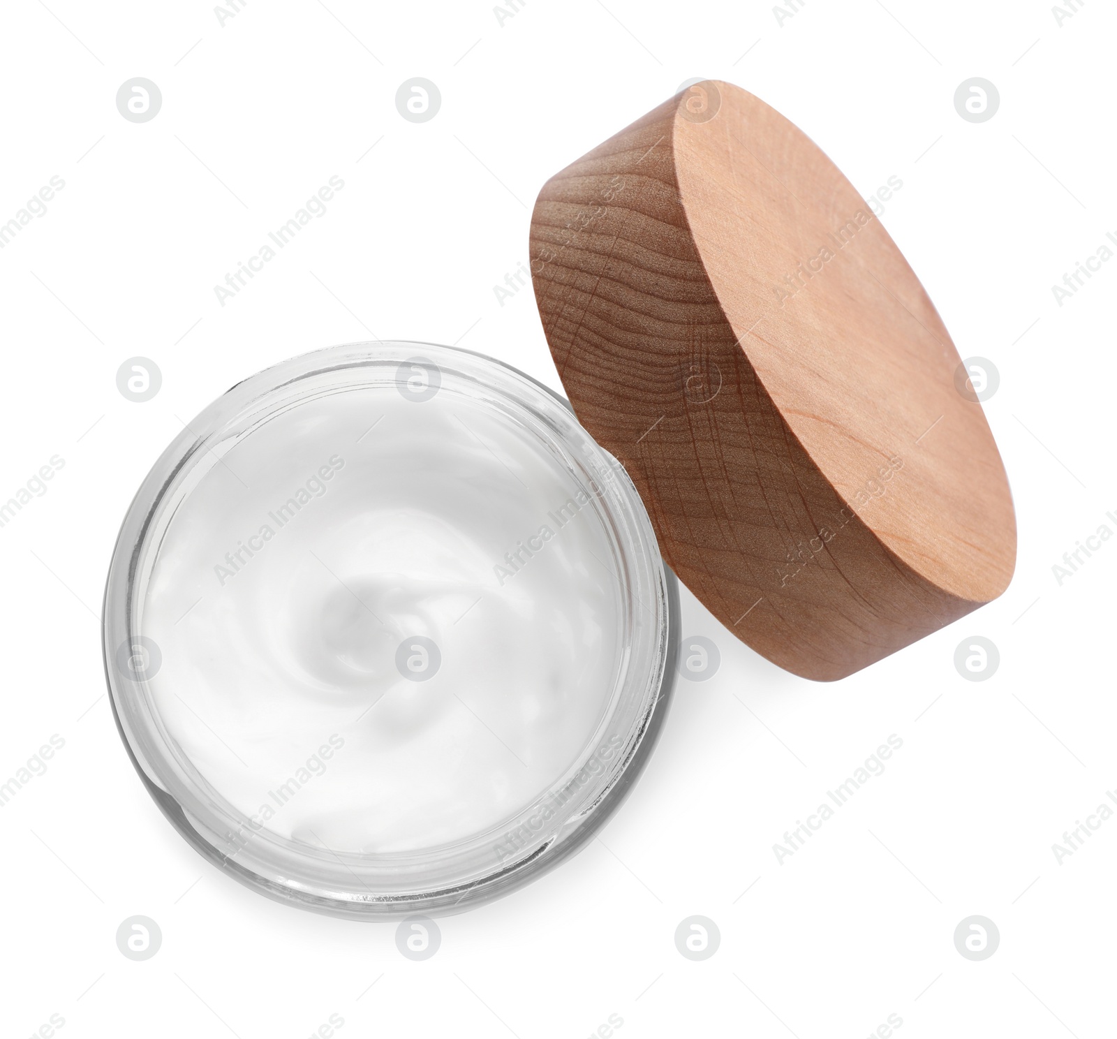 Photo of Jar of hand cream on white background, top view