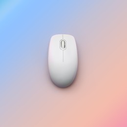 Modern wireless computer mouse on color background, top view