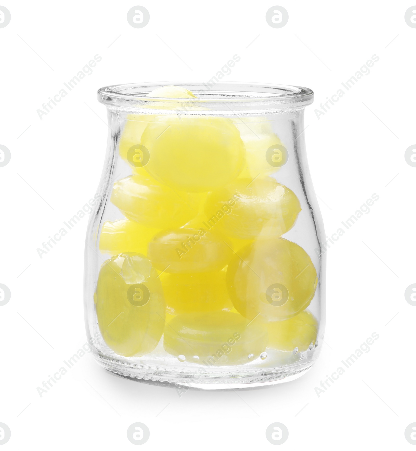 Photo of Tasty small lemon drops in glass jar isolated on white