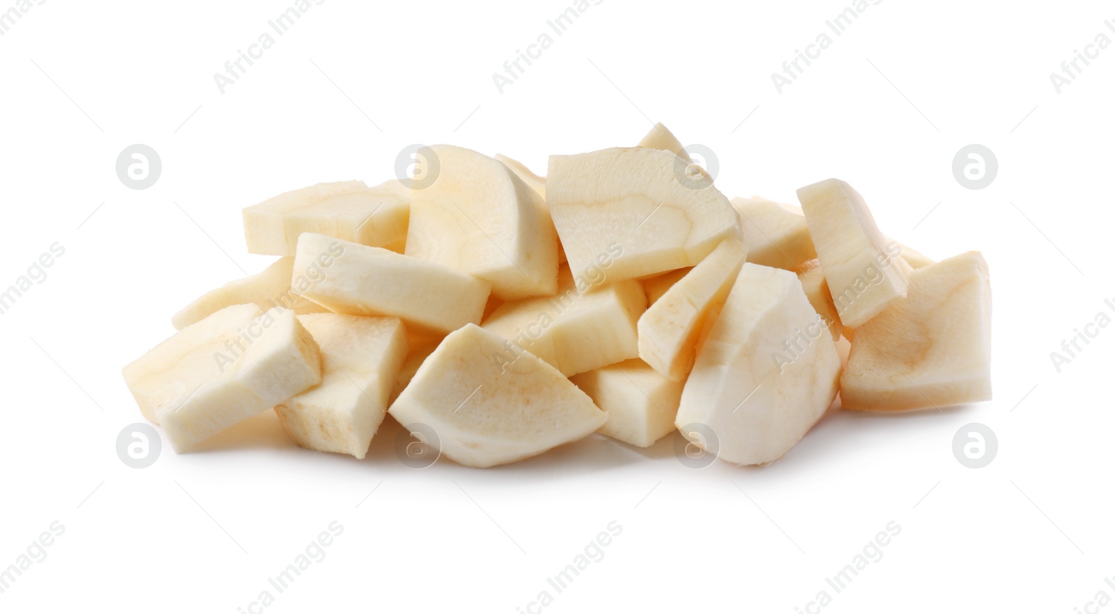 Photo of Pile of cut fresh parsnip on white background