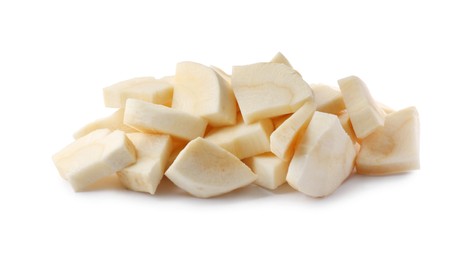 Pile of cut fresh parsnip on white background