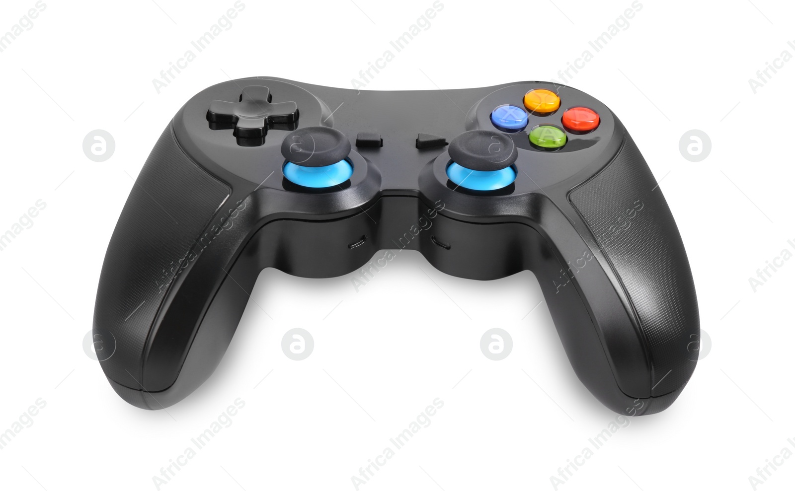 Photo of Black wireless controller on white background. Video game device