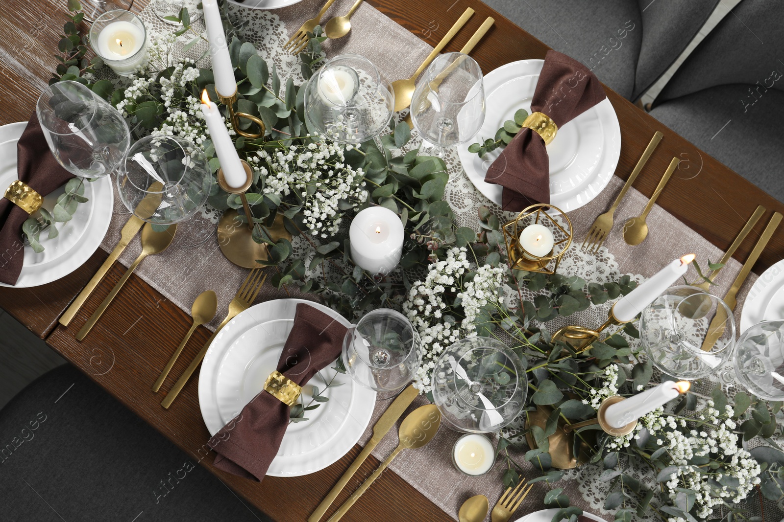 Photo of Stylish elegant table setting for festive dinner, flat lay