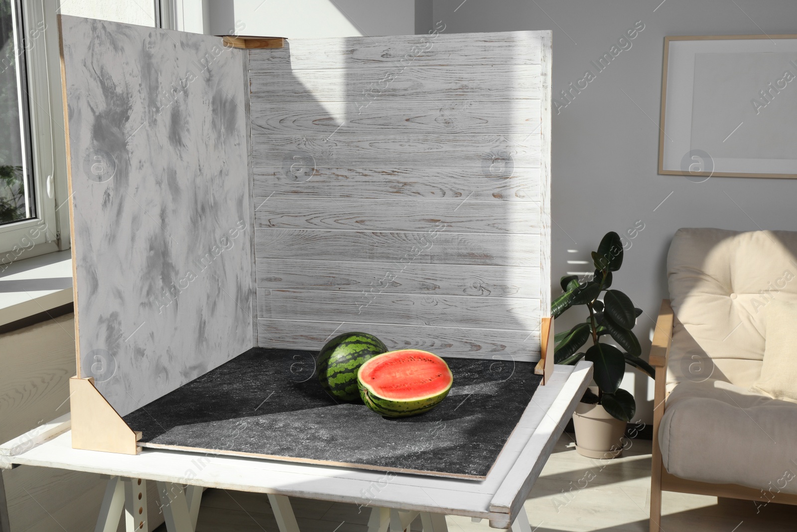 Photo of Fresh juicy watermelon and double-sided backdrops on table in photo studio