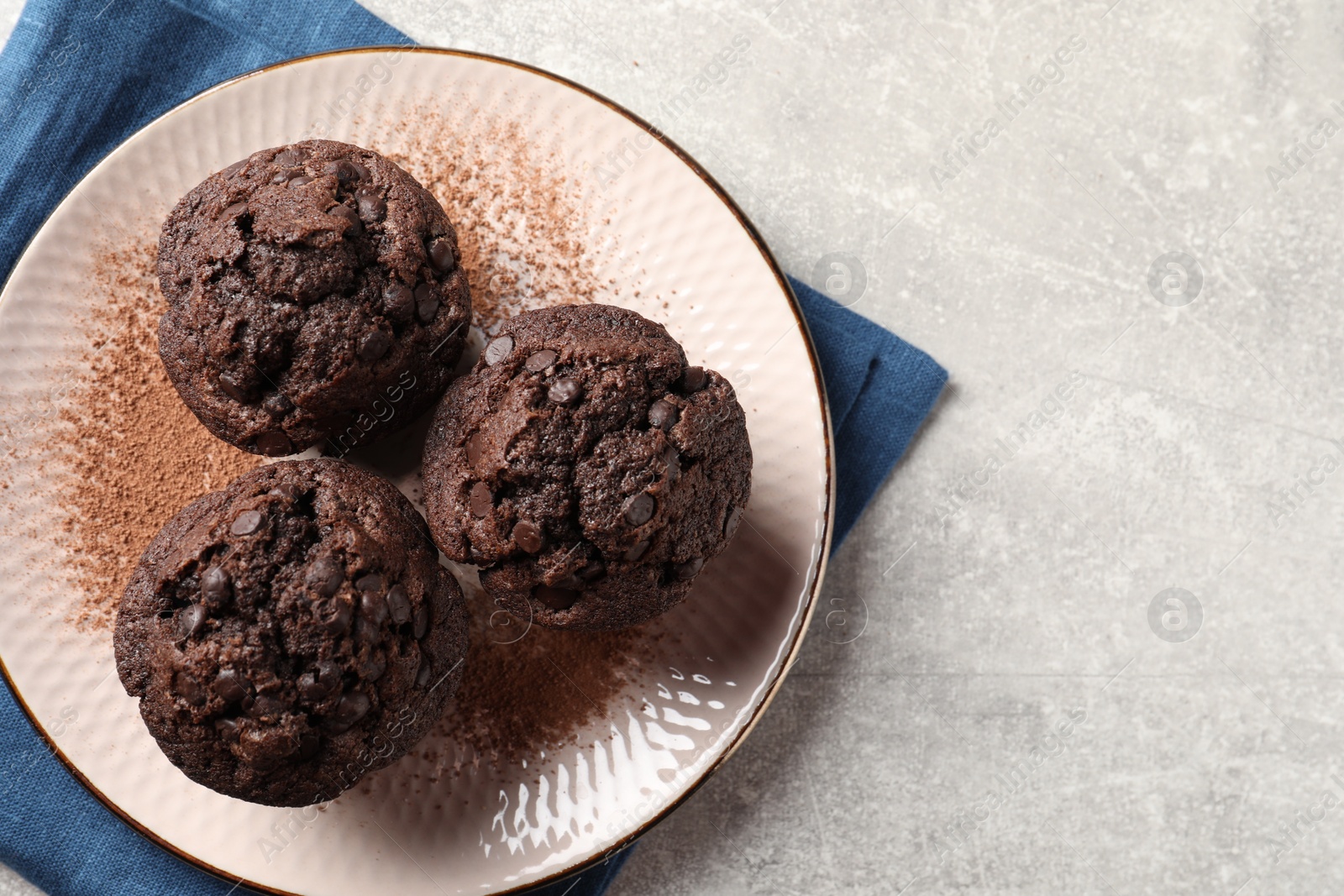 Photo of Delicious chocolate muffins and cacao powder on light grey table, top view. Space for text