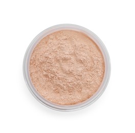Photo of Loose face powder isolated on white. Makeup product